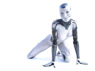 Üç boyutlu robot kadın dizlerinin üstüne çökmüş halde. Beyaz arkaplan.