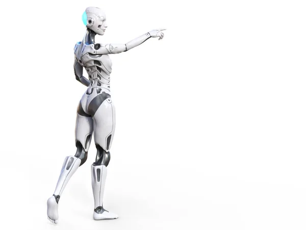 三维渲染一个机器人机器人女人背靠着相机摆姿势 伸出胳膊指点 带有复制空间的白色背景 — 图库照片