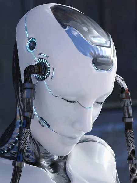 3D rendering of robotic woman recharging power with cables plugged in to her head. Artificial intelligence concept.