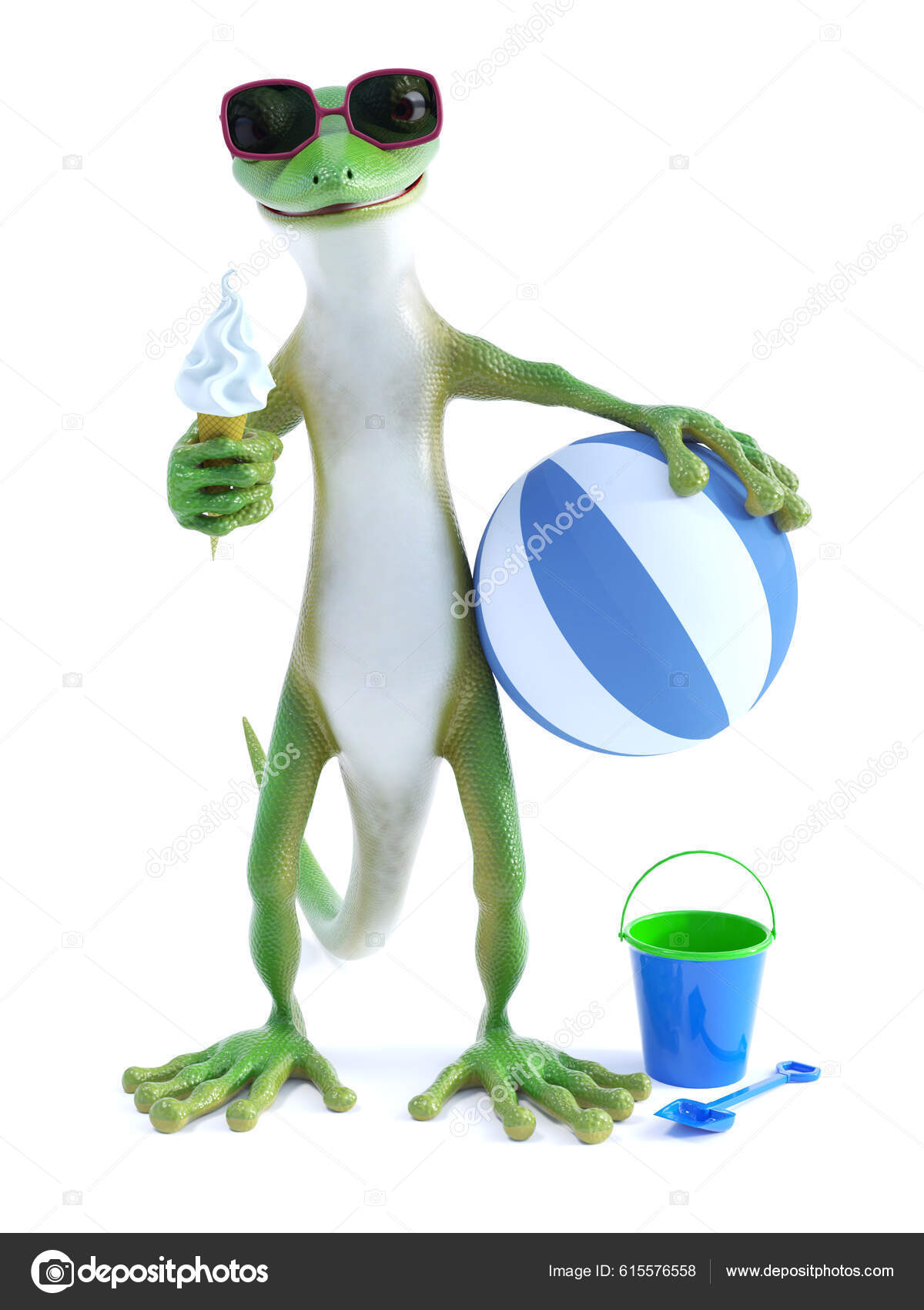 3D渲染一个很酷的绿色壁虎或蜥蜴戴着太阳镜一边吃着冰激凌一边拿着一个蓝色条纹海滩球孩子们的桶和铁锹在地板上, image size:1200x1700