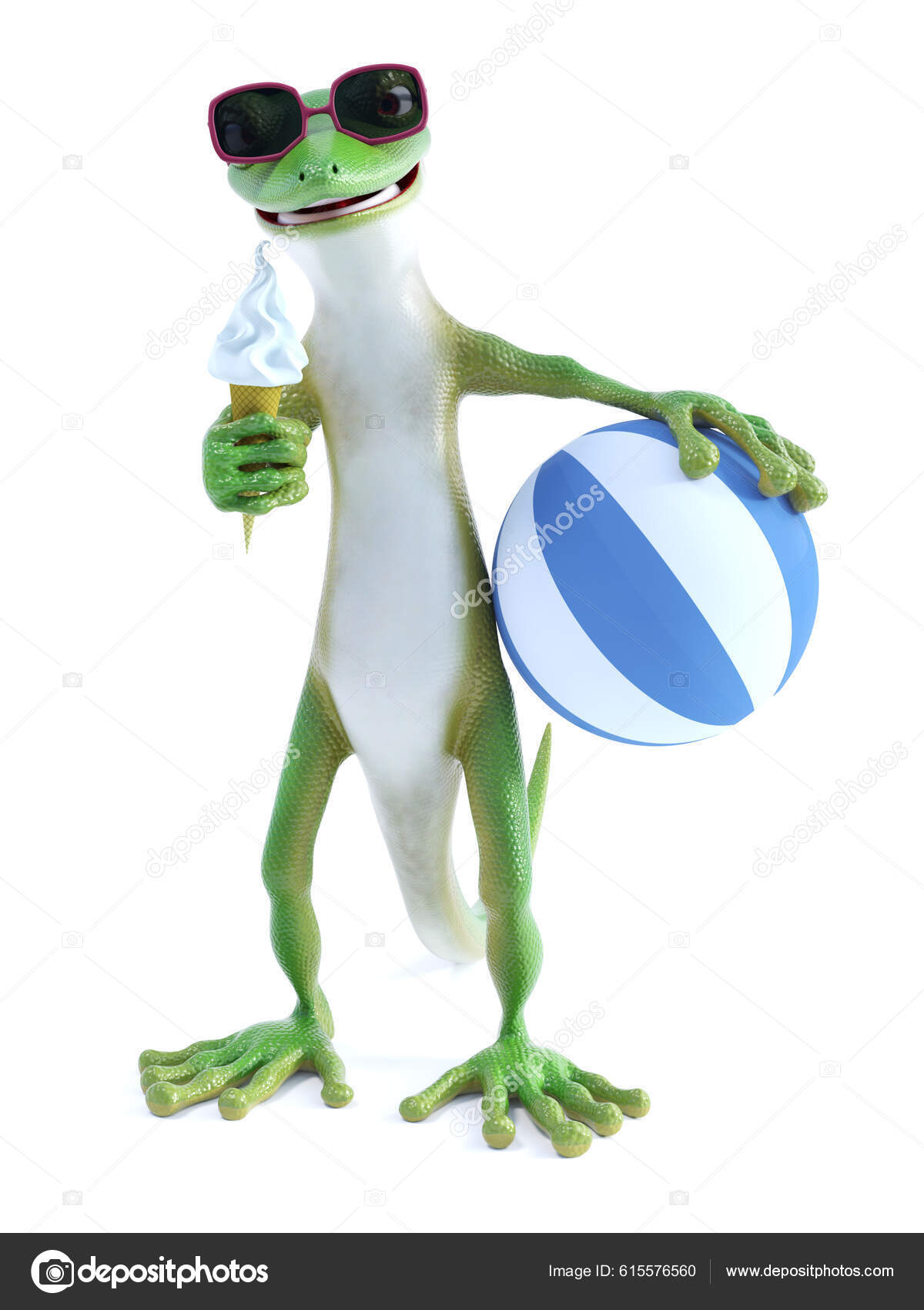 Rendering Cool Green Gecko Lizard Wearing Sunglasses Eating Ice