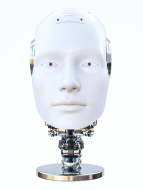 3D bir robot adam kafası. Kürsüde ya da podyumda gözleri açık. Beyaz arka plan. Gelecekçi ai kavramı.