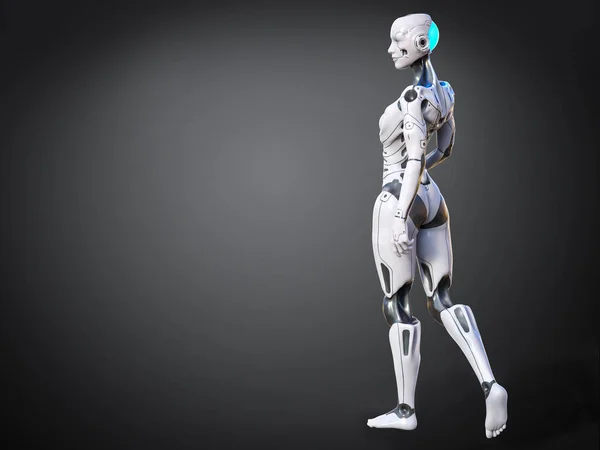 3D rendering of an android robot woman posing with her back against the camera. Greyish background.