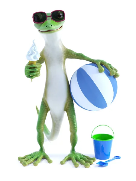 Renderowania Chłodny Zielony Gecko Lub Jaszczurka Noszenie Okularów Przeciwsłonecznych Jedzenia — Zdjęcie stockowe