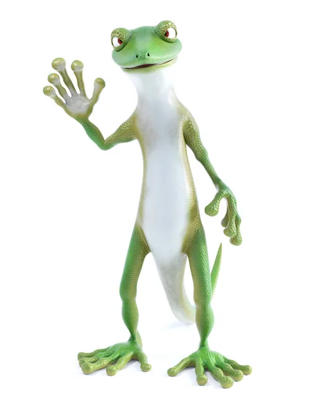 Rendering Cool Green Gecko Lizard Standing Waving White Background — Stock Photo, Image