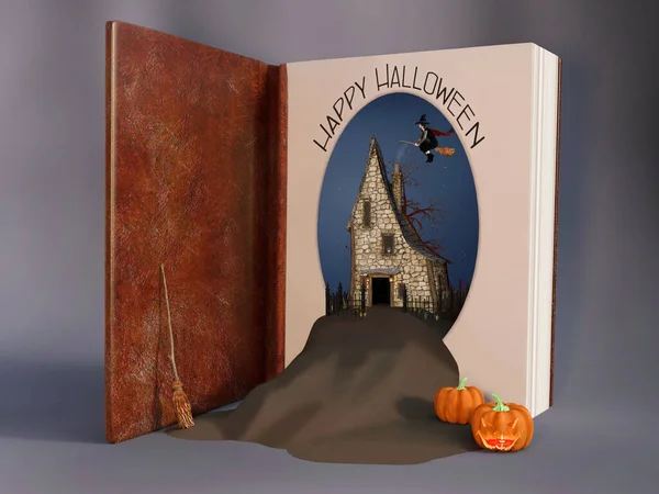 Vykreslení Otevřené Knihy Slovy Šťastný Halloween Napsanými Obsah Čarodějnice Létající — Stock fotografie