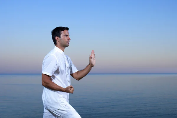 Handsome man on the beach meditating - Tai chi — Stock Photo, Image