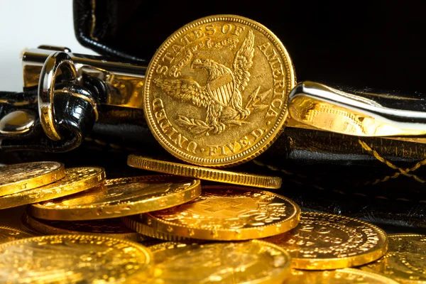 Gold coins in purse — Stock Photo, Image