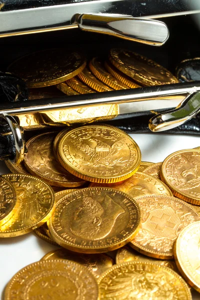 Gouden munten in tas — Stockfoto