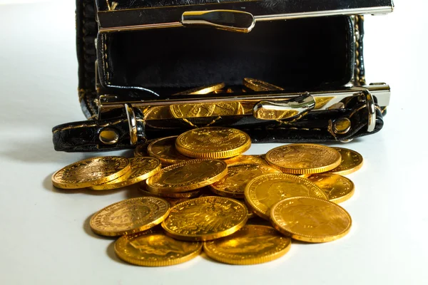 Guldmynt i handväska — Stockfoto