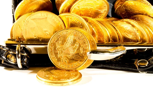 Gold coins in purse — Stock Photo, Image