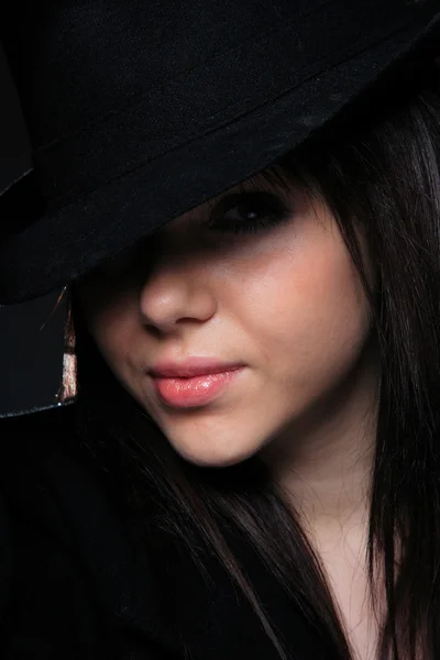 Girl in hat, black — Stock Photo, Image