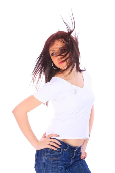 Jovem mulher de jeans e t-shirt — Fotografia de Stock