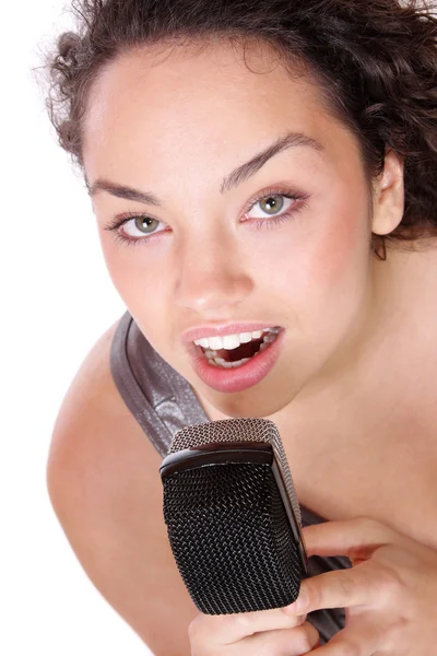 Chica cantando en retro micrófono ) —  Fotos de Stock
