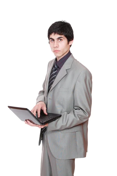 显示一台笔记本电脑的业务人 — 图库照片