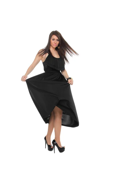 Seksi kız güzel, siyah bir elbiseyle poz — Stok fotoğraf