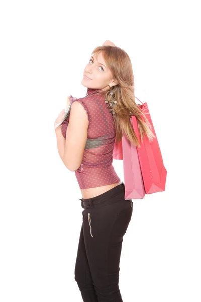 Mujer feliz con bolsas de compras —  Fotos de Stock