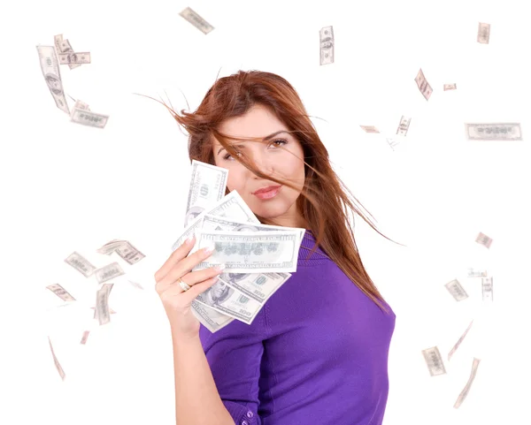 Attractive woman takes lot of 100 dollar bills — Stock Photo, Image