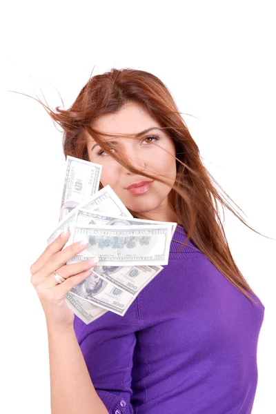 Jonge vrouw met geld in de hand — Stockfoto