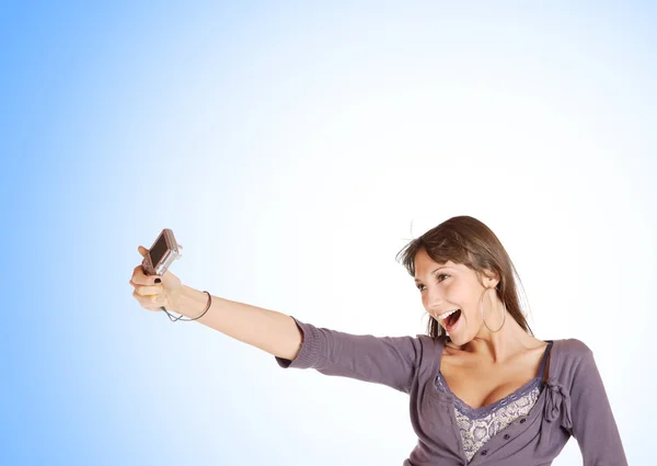 Mujer hablando de una foto — Foto de Stock