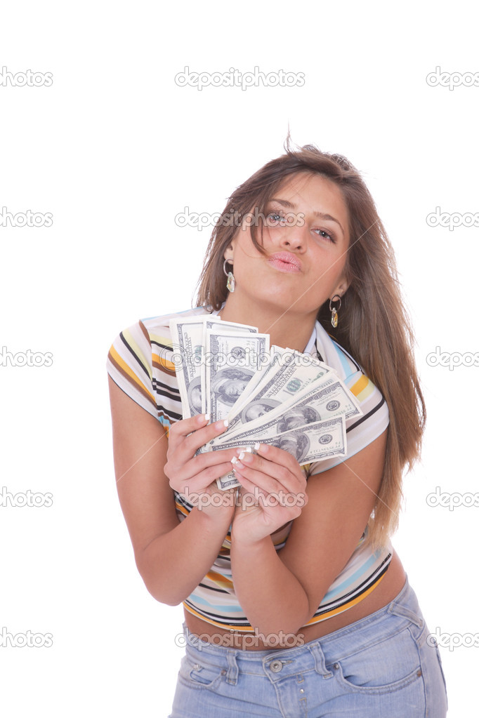 Cheerful young lady holding cash
