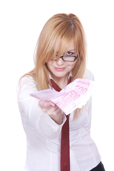 Happy woman with money over white — Stock Photo, Image