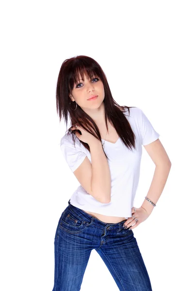 Mujer joven en jeans y camiseta —  Fotos de Stock