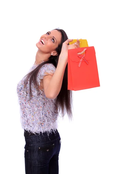 Belle femme avec des sacs à provisions — Photo