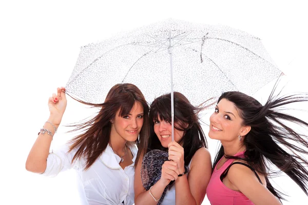 Drei schöne Mädchen unter dem Regenschirm — Stockfoto