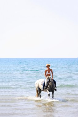 güzel sarışın kadın bikini beyaz bir at binme