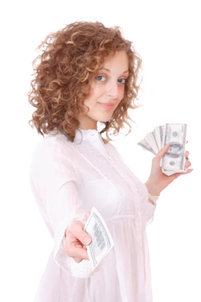 Cheerful young lady holding cash — Stock Photo, Image