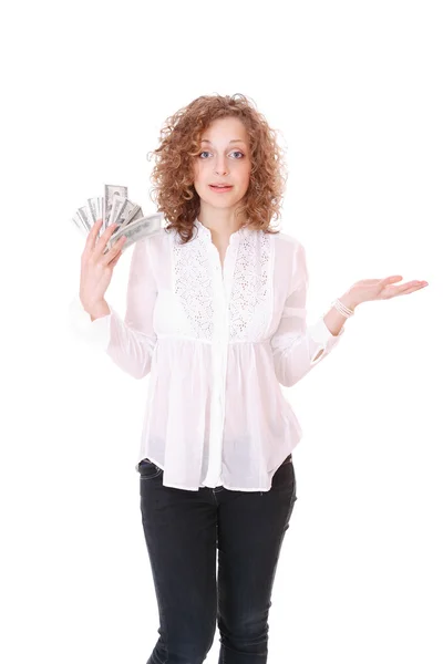 Cheerful young lady holding cash — Stock Photo, Image