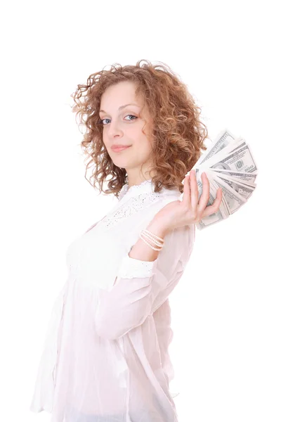 Wesoła młoda dama trzymająca gotówkę — Zdjęcie stockowe