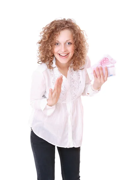 Cheerful young lady holding cash — Stock Photo, Image