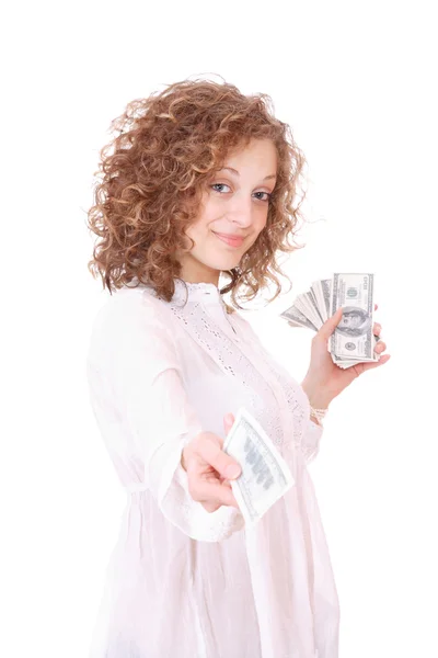 Cheerful young lady holding cash — Stock Photo, Image