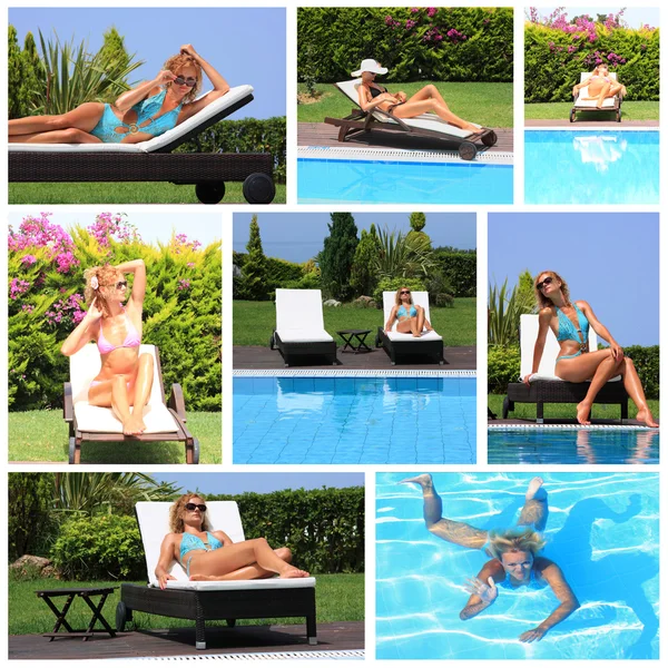 Collage of a young woman by the pool — Stock Photo, Image