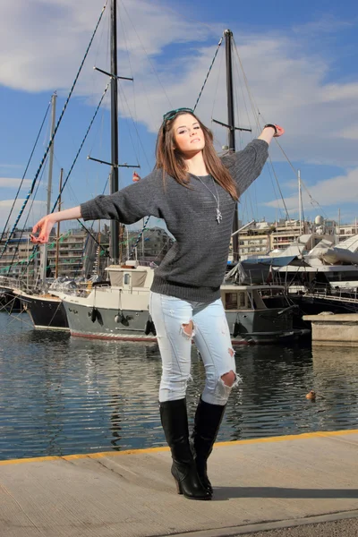 Young woman at the port — Stock Photo, Image