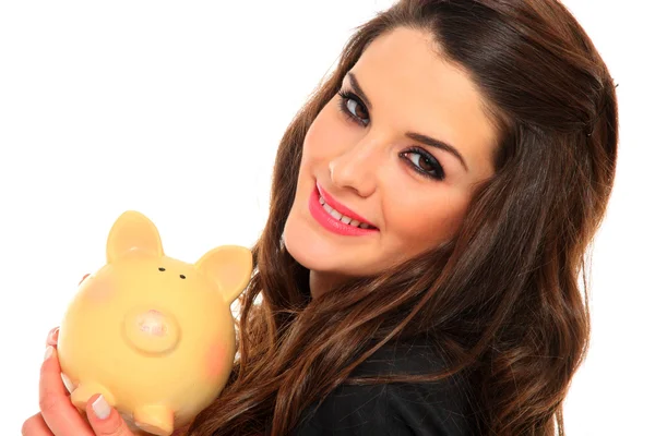 Frau mit Sparschwein — Stockfoto