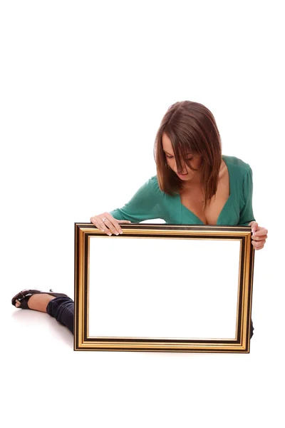 Mode vrouw met een frame — Stockfoto