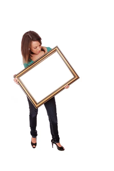 Mode vrouw met een frame — Stockfoto