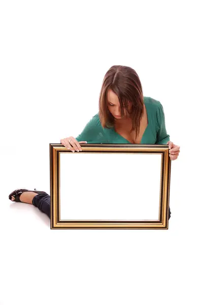 Mode vrouw met een frame — Stockfoto