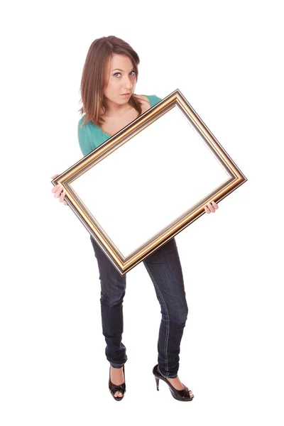Mode vrouw met een frame — Stockfoto