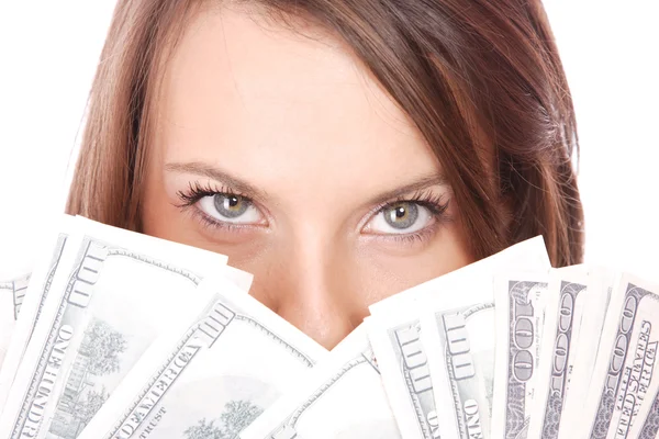 Attractive woman takes lot of 100 dollar bills — Stock Photo, Image