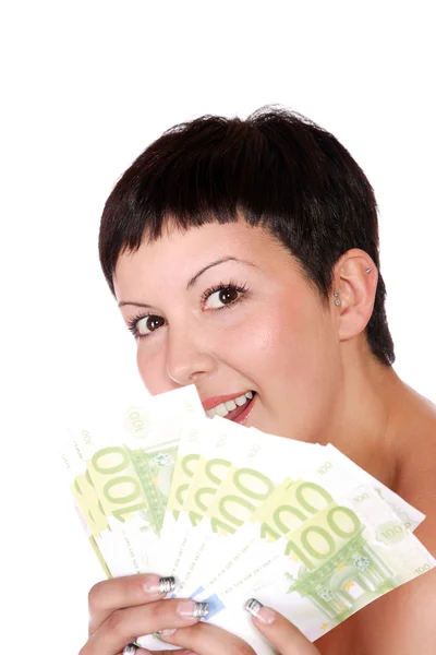 Mujer feliz con grupo de billetes de euro aislado . — Foto de Stock