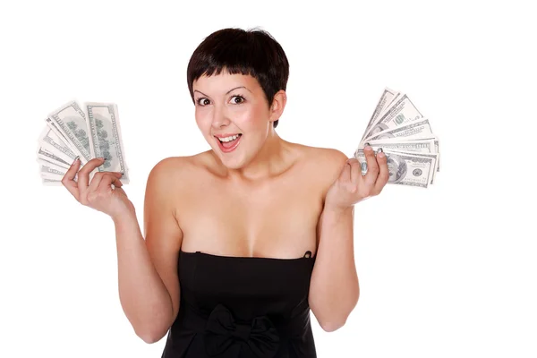 Attractive woman takes lot of 100 dollar bills — Stock Photo, Image