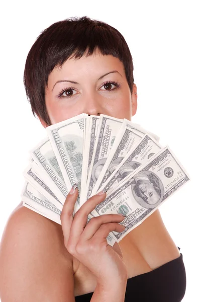 Aantrekkelijke vrouw neemt veel van 100 dollarbiljetten — Stockfoto