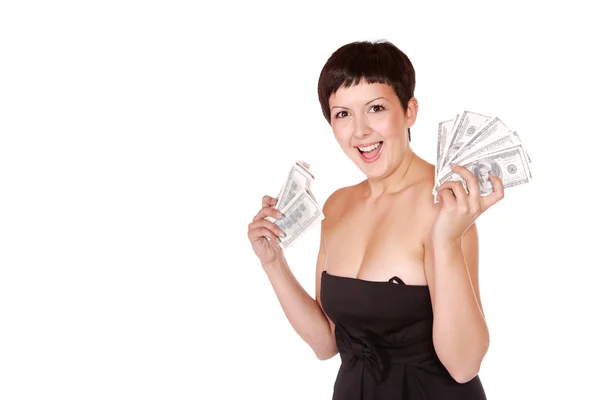 Atraktivní žena bere spoustu 100 dolarové bankovky — Stock fotografie