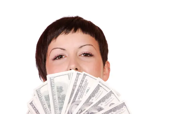 有吸引力的女人花 100 美元的钞票很多 — 图库照片