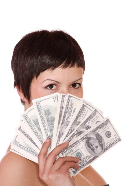 Attractive woman takes lot of 100 dollar bills Stock Photo