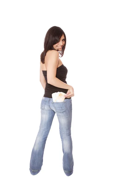 Mujer feliz con grupo de billetes de euro aislado . — Foto de Stock